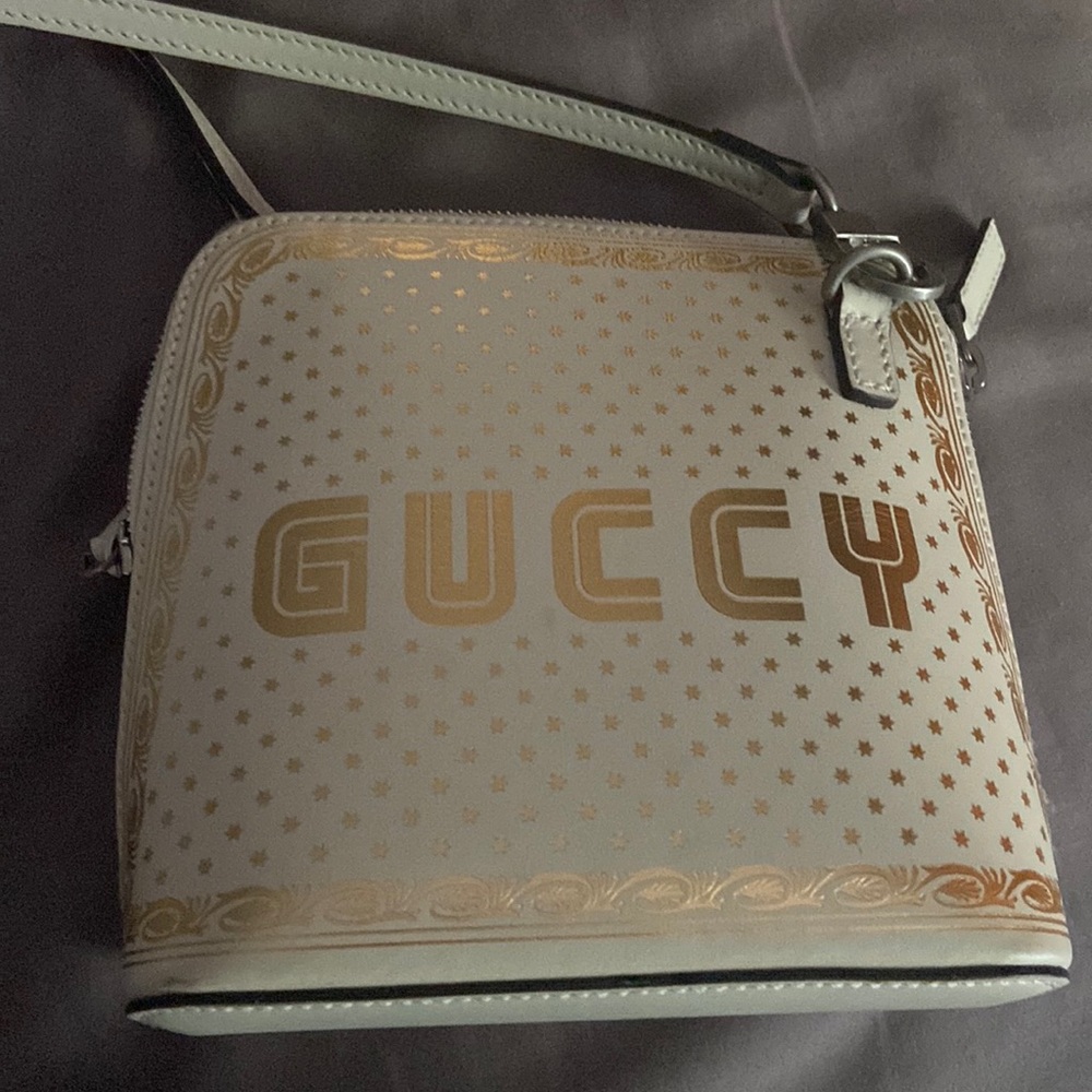 Authentic Gucci Gold-Print Cream Leather Crossbody Bag